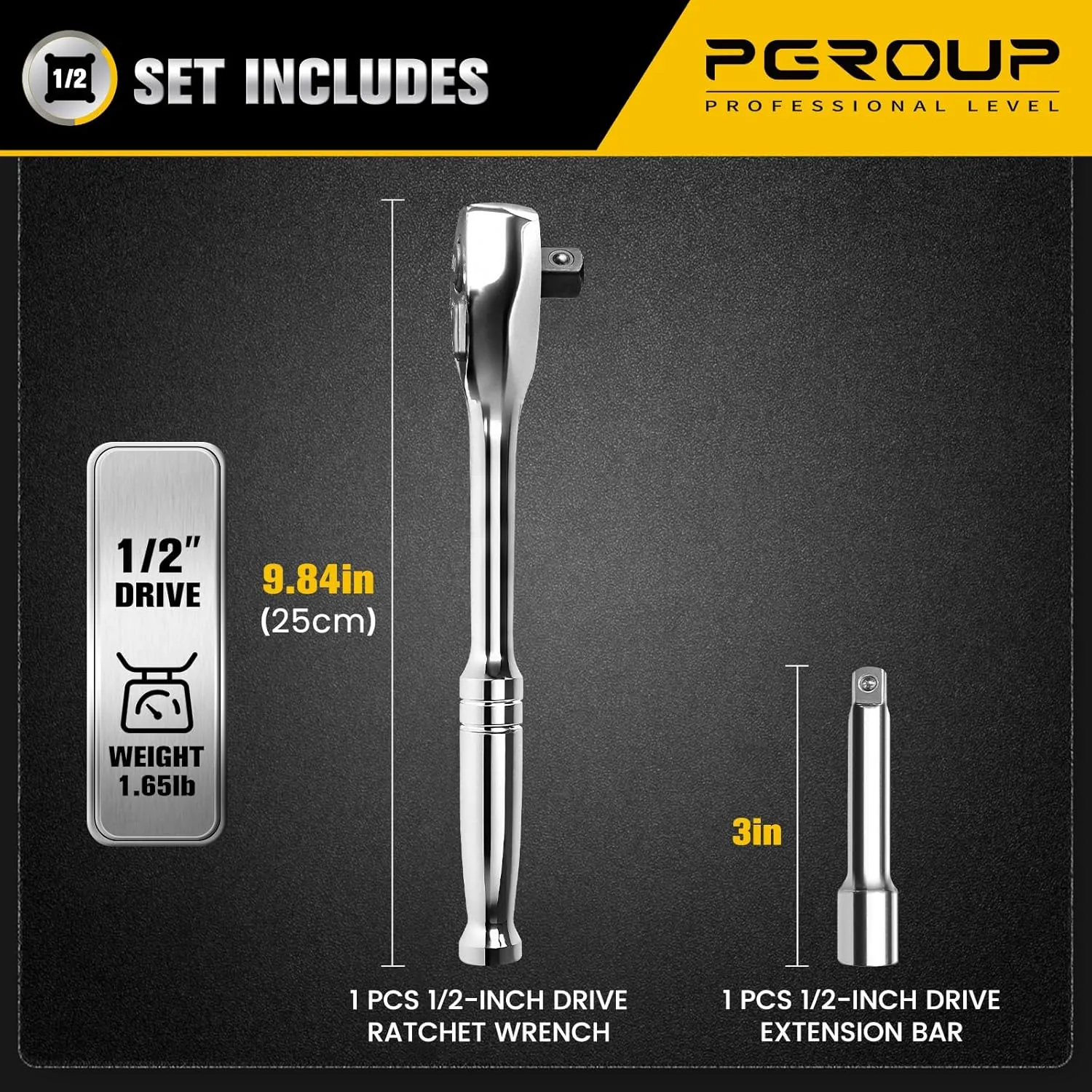 1/2-Inch Drive Ratchet Wrench, 90-Tooth Quick-release Reversible Ratchet Wrench with an Extension Bar(3 inch), 10" Long Socket wrench, 4-Degree Swing, Full Polished, Cr-Mo Head For Gifting, Repairing