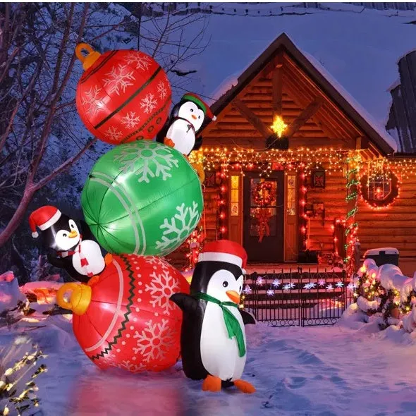 8.9ft Inflatable Christmas Balls & Penguins with LED Lights for Yard Decor