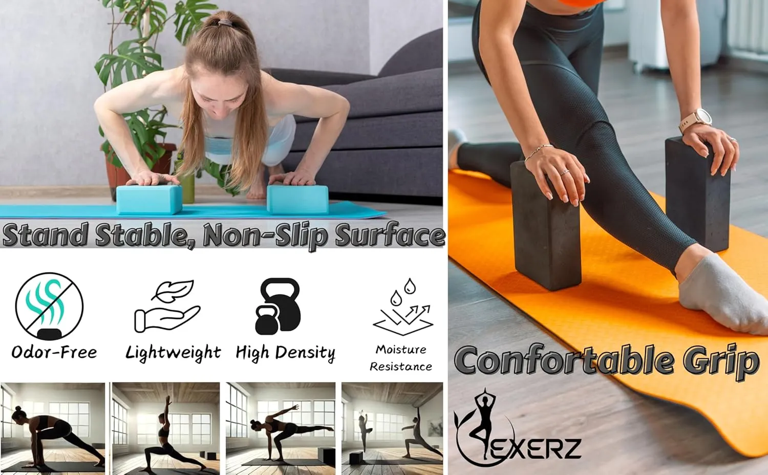 EXERZ Yoga Blocks 2 pack, Gym Blocks, Exercise Workout Fitness Bricks, Pilates Stretch Handstand Non-Slip