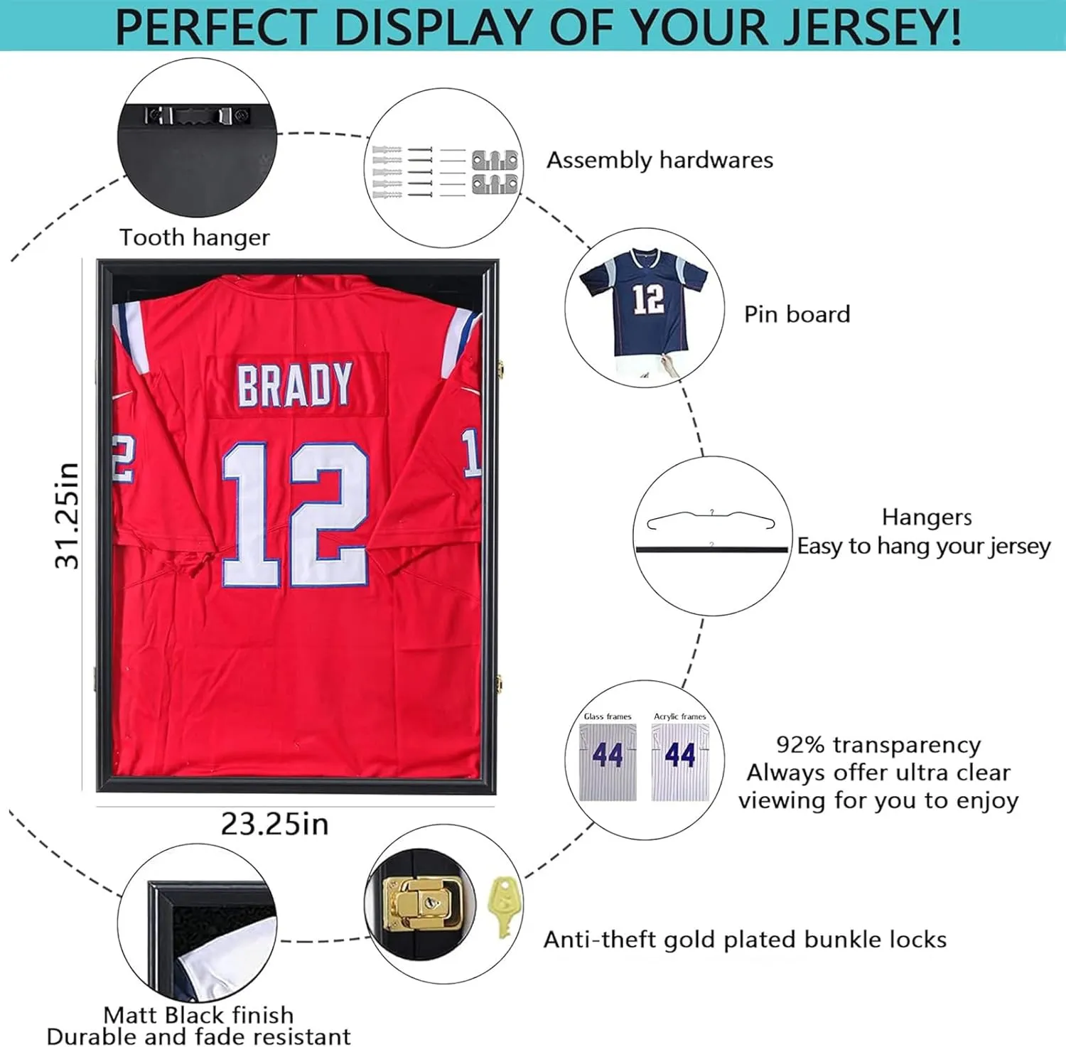 Jersey Frame Display Case Jersey Display Case Jersey Shadow Box with Uv Protection Acrylic and Hanger for Baseball Basketball Football Soccer Hockey Sport Shirt and Uniform,Black Finish