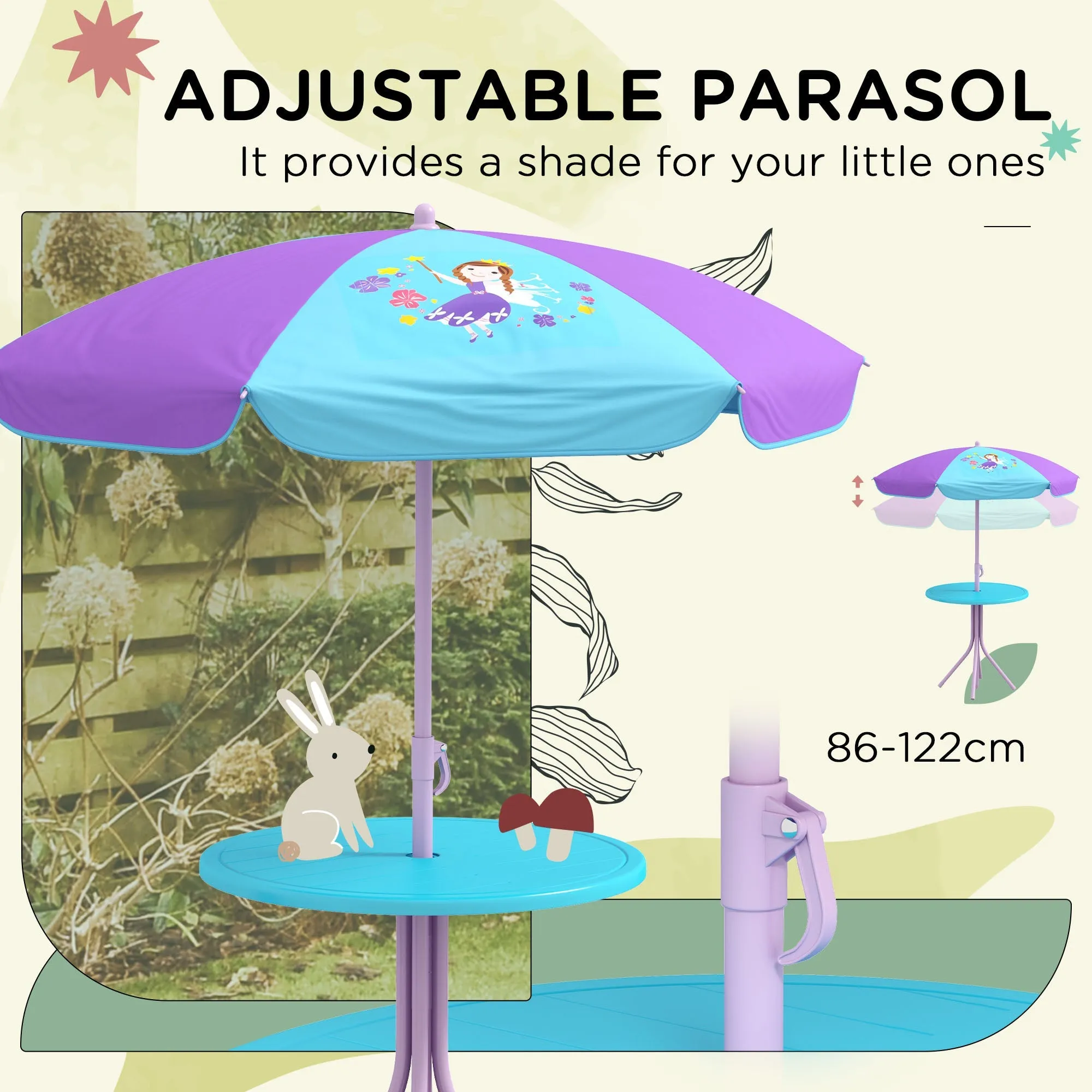 Kids Picnic Table and Chair Set Fairy Themed Outdoor Garden FurnitureWith Foldable Chairs Adjustable Parasol