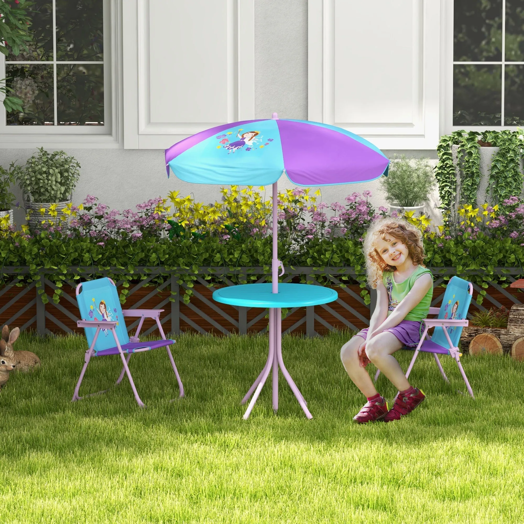 Kids Picnic Table and Chair Set Fairy Themed Outdoor Garden FurnitureWith Foldable Chairs Adjustable Parasol