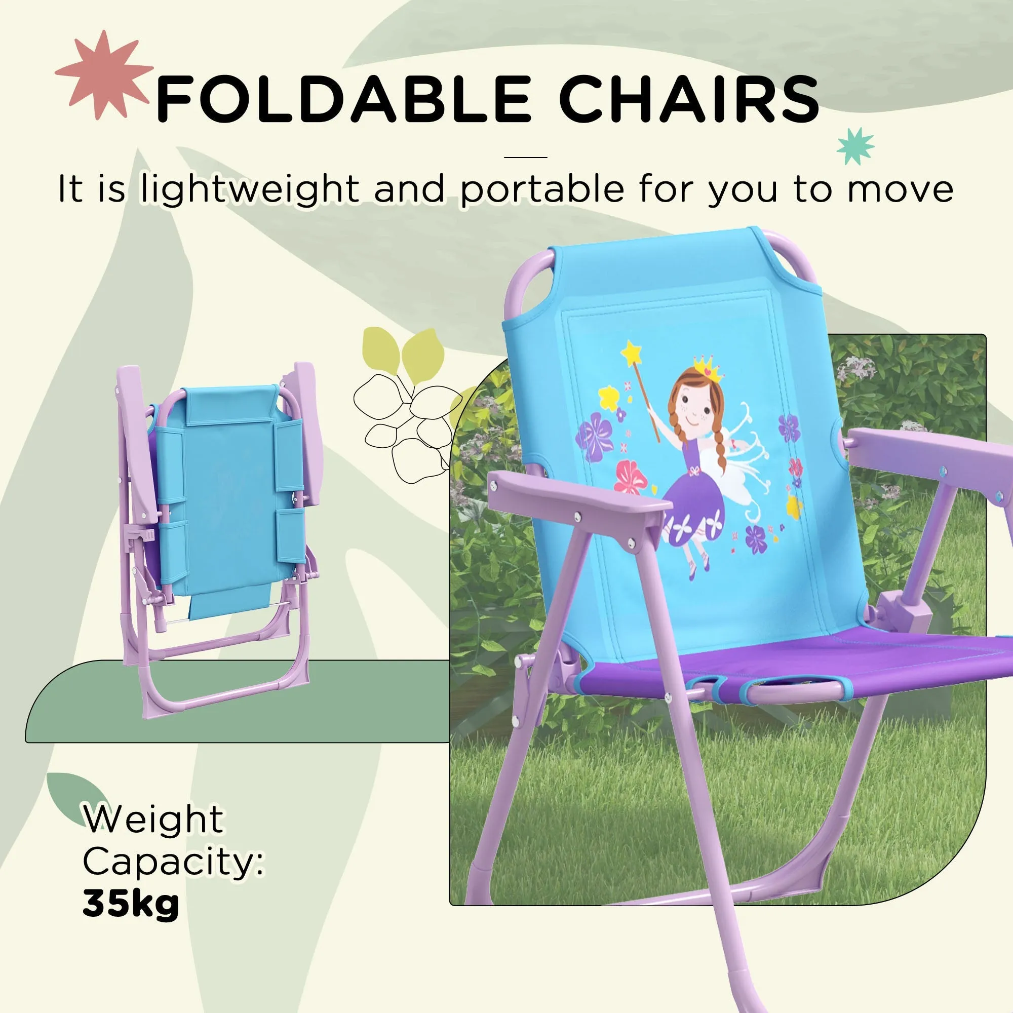 Kids Picnic Table and Chair Set Fairy Themed Outdoor Garden FurnitureWith Foldable Chairs Adjustable Parasol