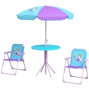 Kids Picnic Table and Chair Set Fairy Themed Outdoor Garden FurnitureWith Foldable Chairs Adjustable Parasol