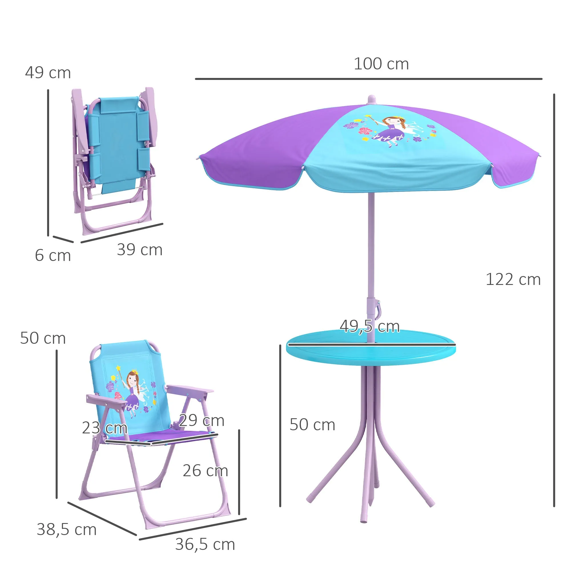 Kids Picnic Table and Chair Set Fairy Themed Outdoor Garden FurnitureWith Foldable Chairs Adjustable Parasol