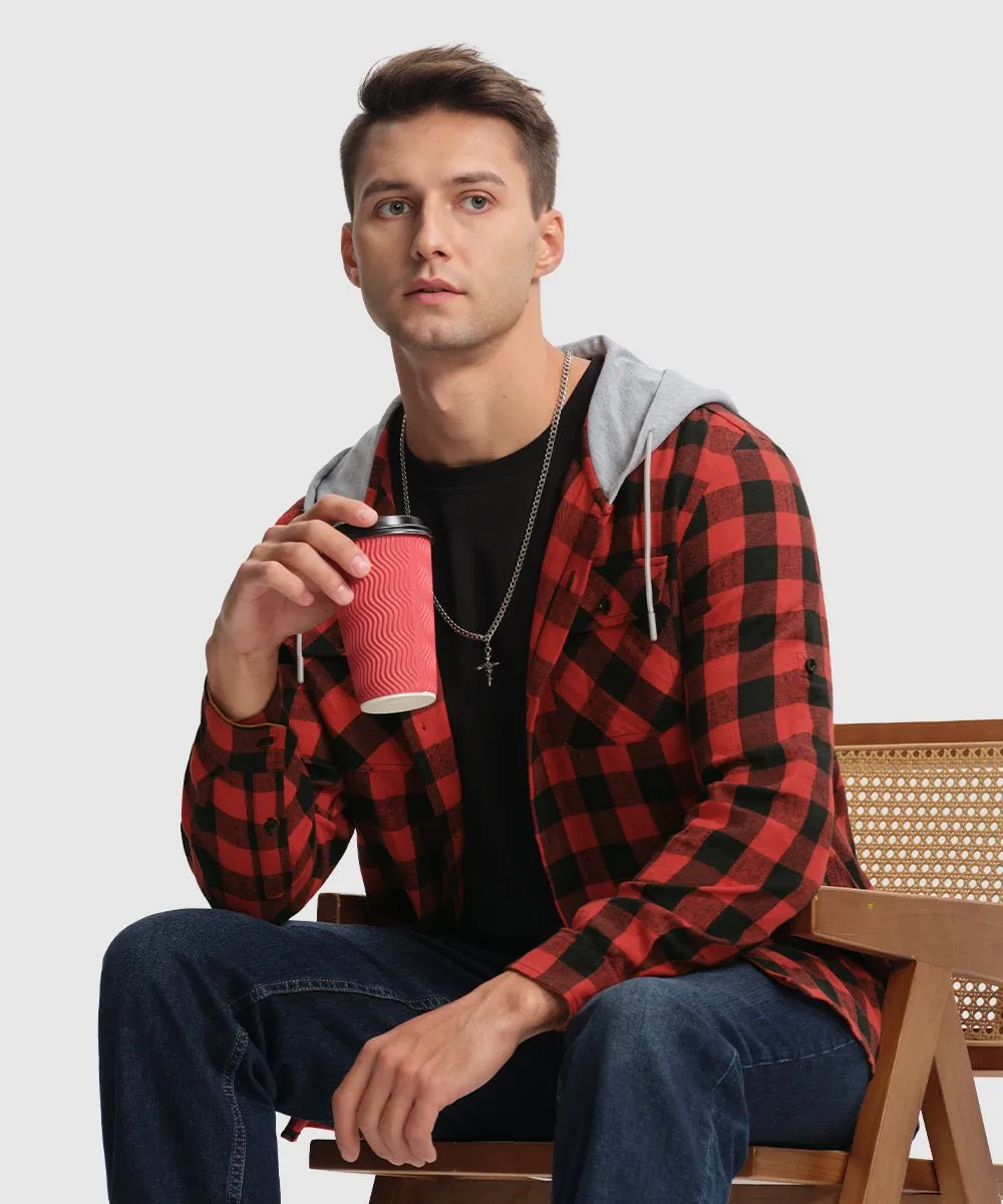 Men's Casual Buffalo Plaid Button Hooded Shirts