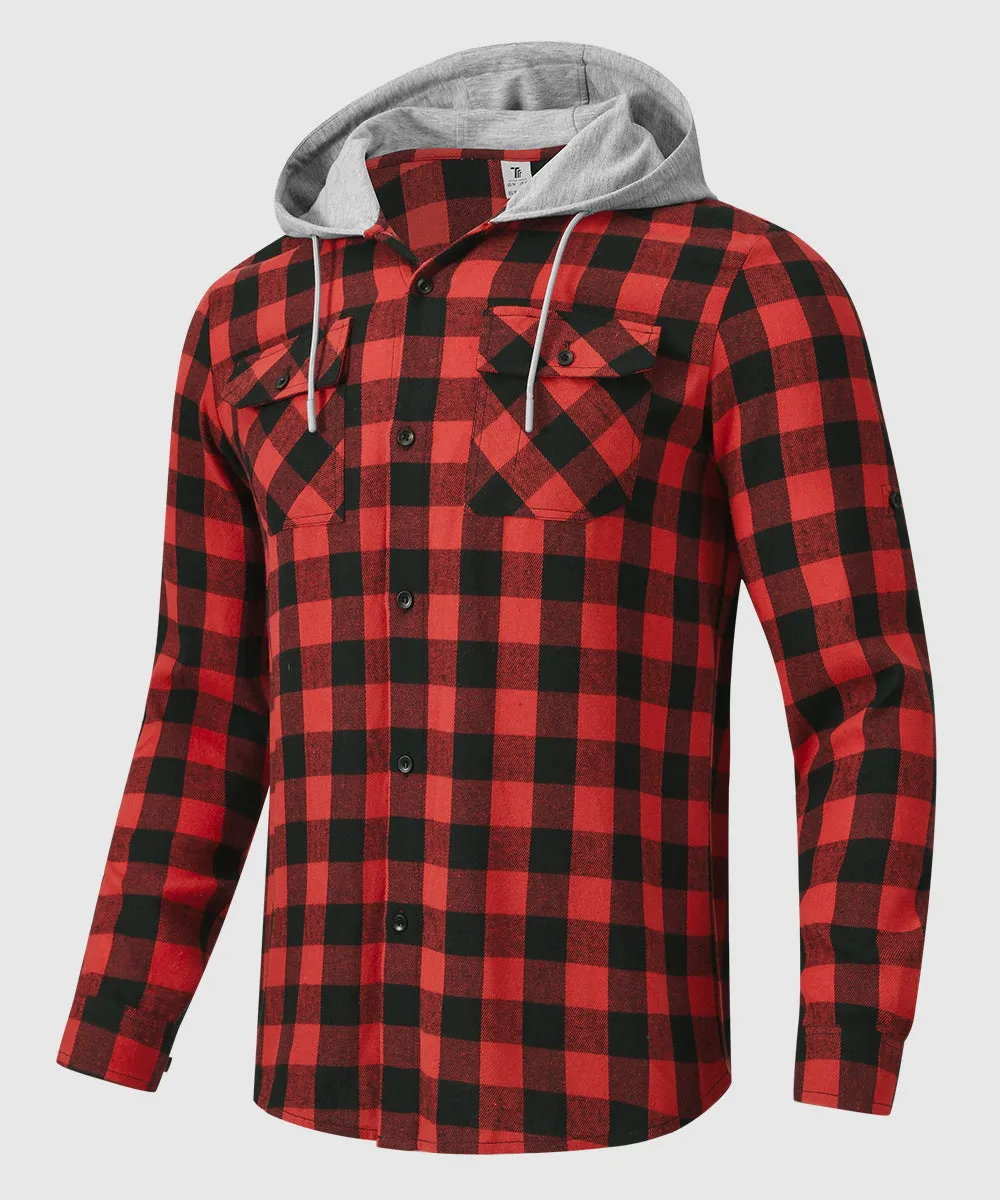 Men's Casual Buffalo Plaid Button Hooded Shirts