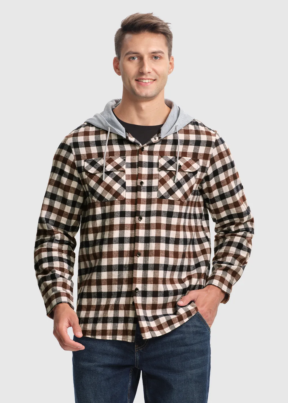 Men's Casual Buffalo Plaid Button Hooded Shirts