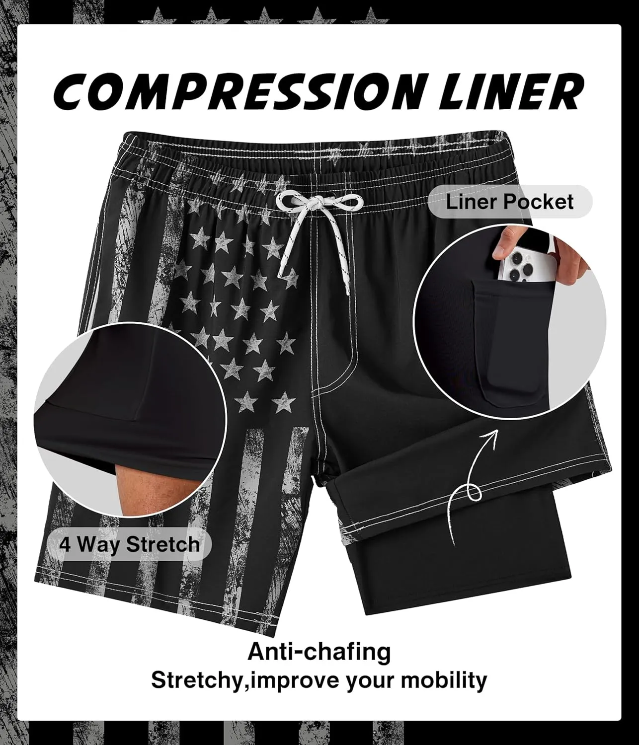 Mens Swim Trunks with Compression Liner 7 Inch Swim Trunks Quick Dry Surfing Beach Shorts Hawaii Sports Shorts
