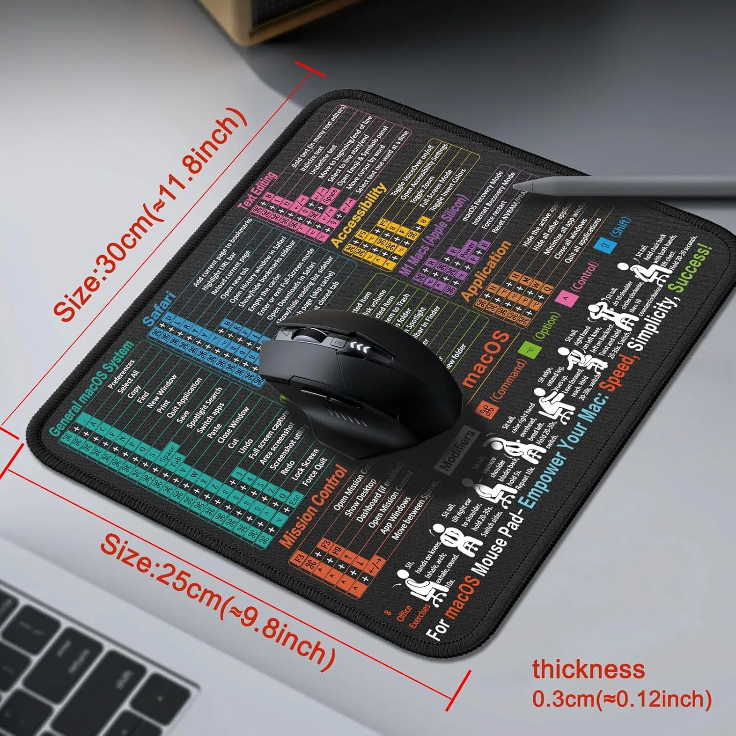 Mouse Pad for macOS Shortcuts  Small mac Cheat Sheet Desk Pad  11.8"x9.8" Portable Computer Mousepad  Gaming, Office, Waterproof, Non-Slip, Stitched Edges