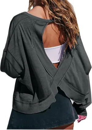 Open Back Tops for Women Trendy Long Sleeve Workout Shirts Backless Gym Yoga Athletic T-shirt Running Crop Tee Top
