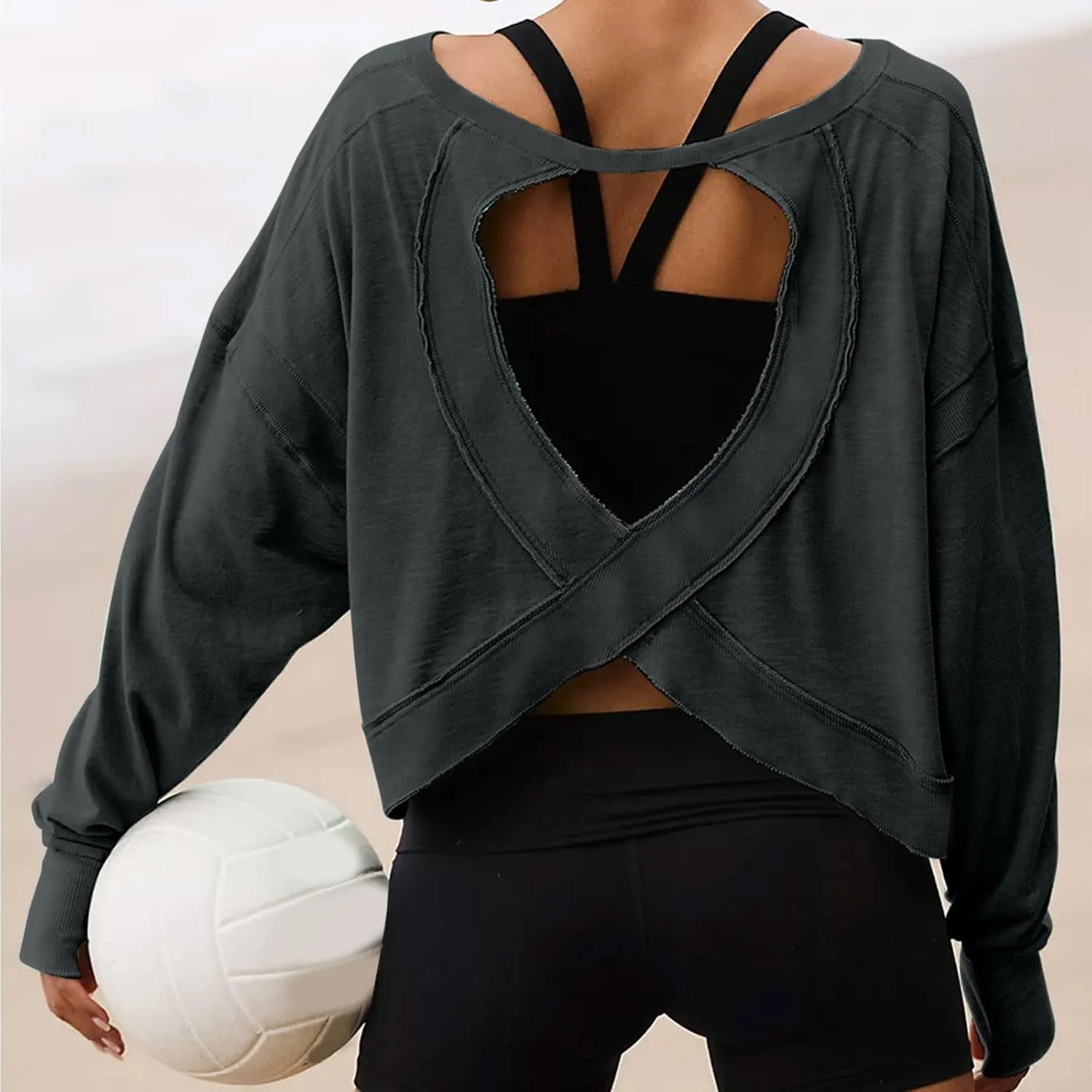 Open Back Tops for Women Trendy Long Sleeve Workout Shirts Backless Gym Yoga Athletic T-shirt Running Crop Tee Top