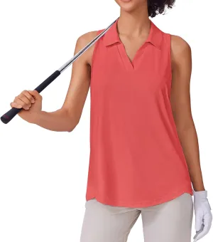 PINSPARK Womens Golf Shirt UPF 50  Sleeveless Collared Shirts Quick Dry Tennis Polo V-Neck Racerback Athletic Workout Tank