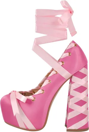 Platform Heels Chunky Bow Ribbon Pumps