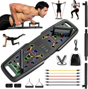 Portable Home Gym Workout Equipment, Push Up Board, Pilates Bar & Fitness Accessories with Resistance Bands for Upper Body Strength Training Full Body Workout at Home
