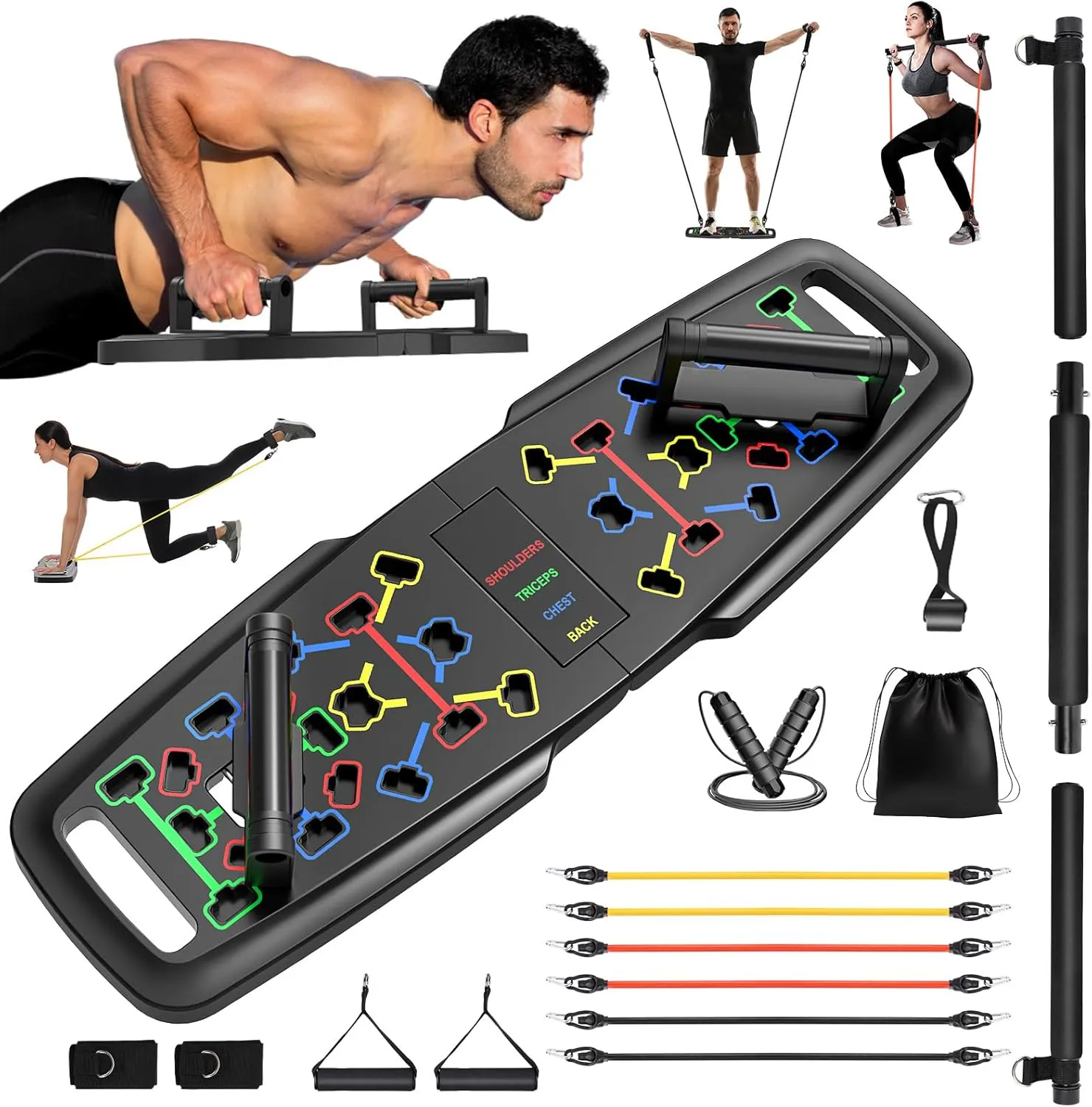 Portable Home Gym Workout Equipment, Push Up Board, Pilates Bar & Fitness Accessories with Resistance Bands for Upper Body Strength Training Full Body Workout at Home