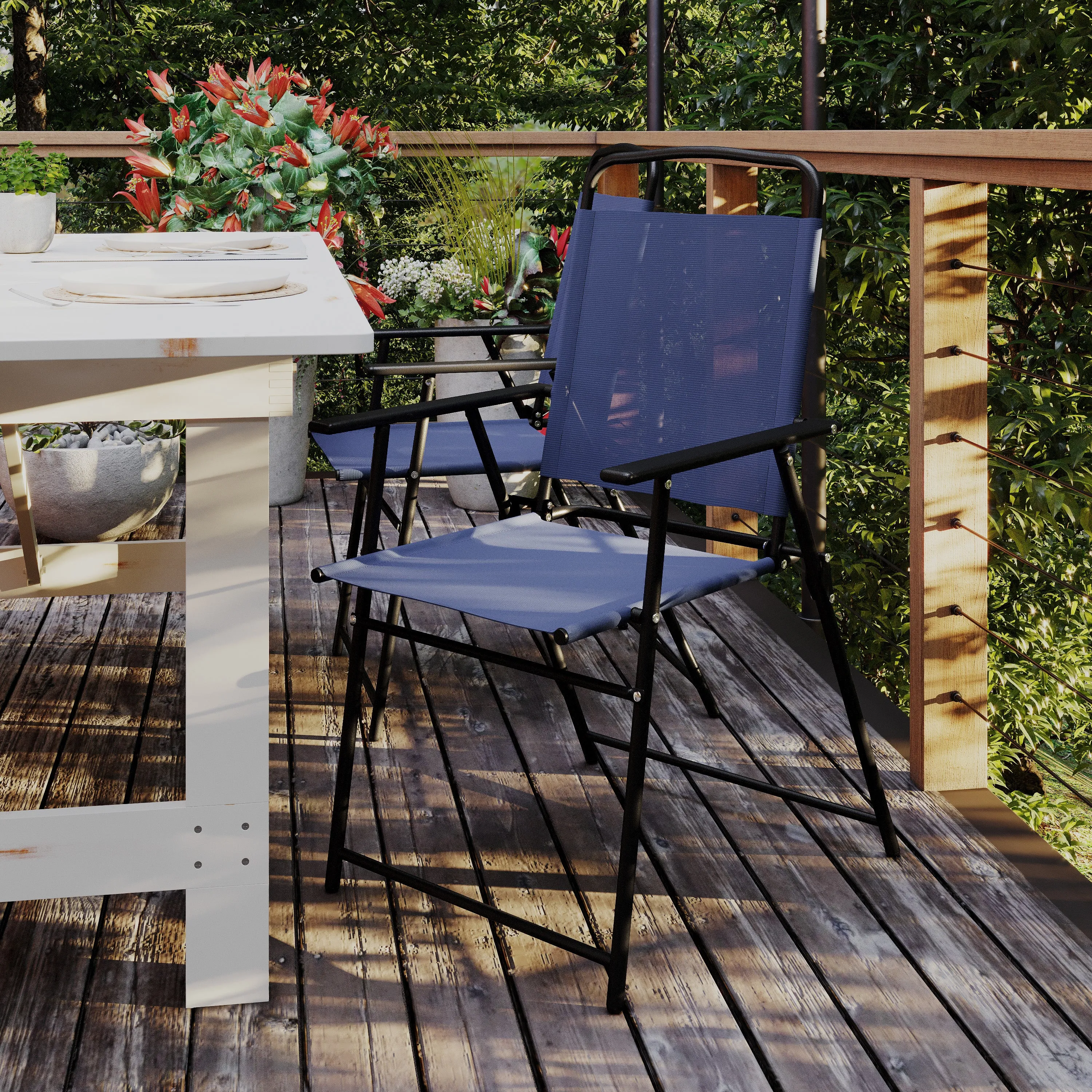 Set of 2 Mystic Folding Patio Sling Chairs, Outdoor Textilene Lawn Chairs with Armrests in Navy