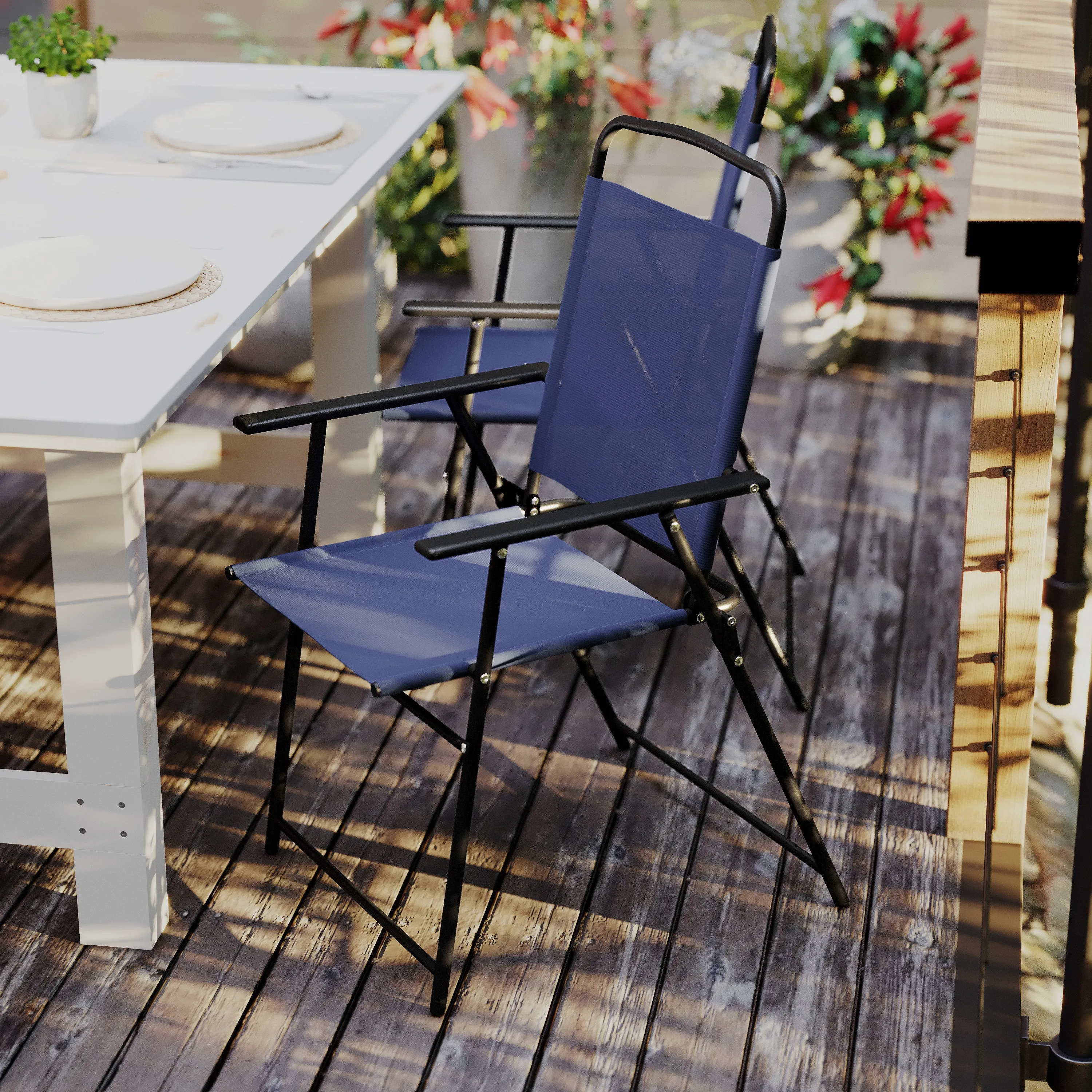 Set of 2 Mystic Folding Patio Sling Chairs, Outdoor Textilene Lawn Chairs with Armrests in Navy