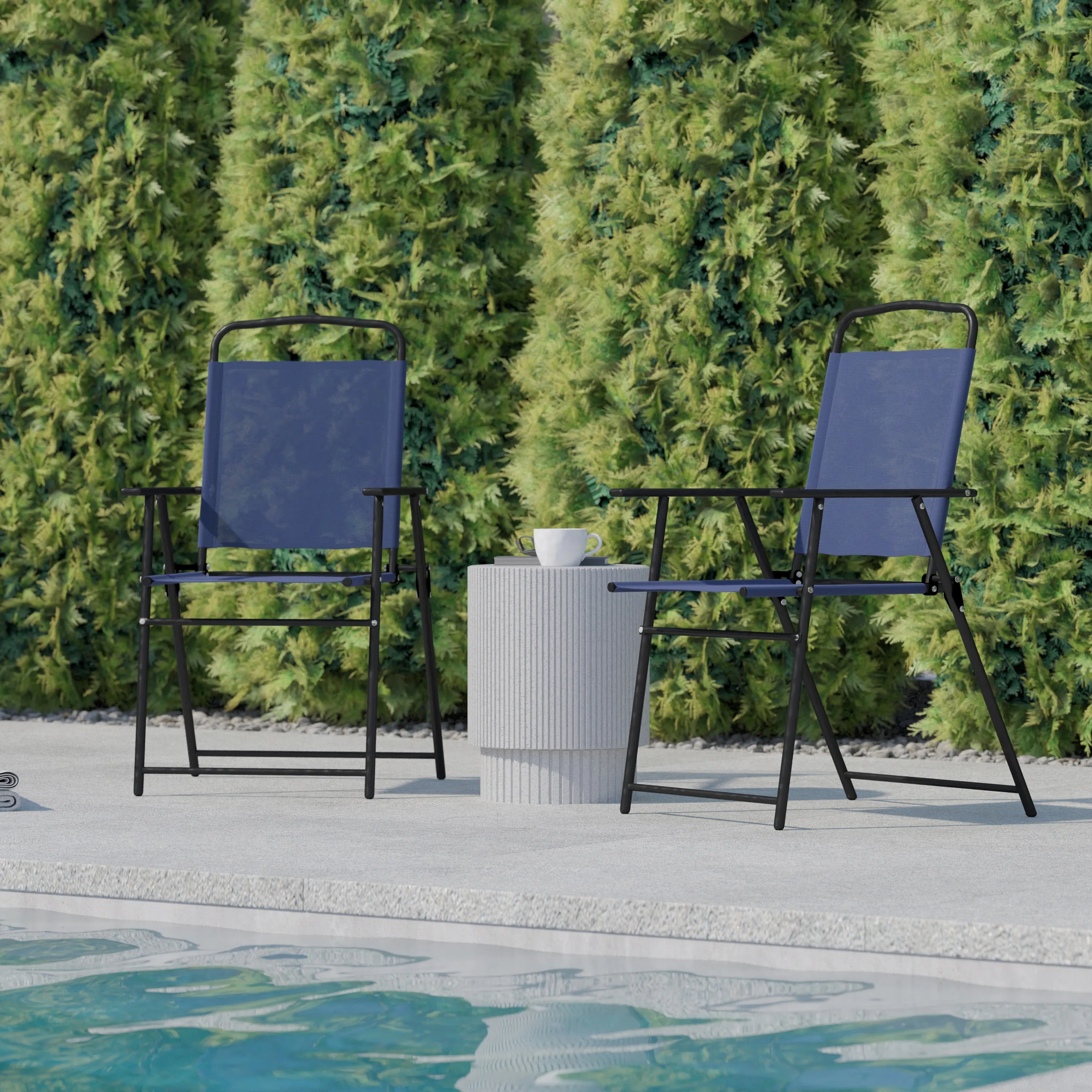 Set of 2 Mystic Folding Patio Sling Chairs, Outdoor Textilene Lawn Chairs with Armrests in Navy
