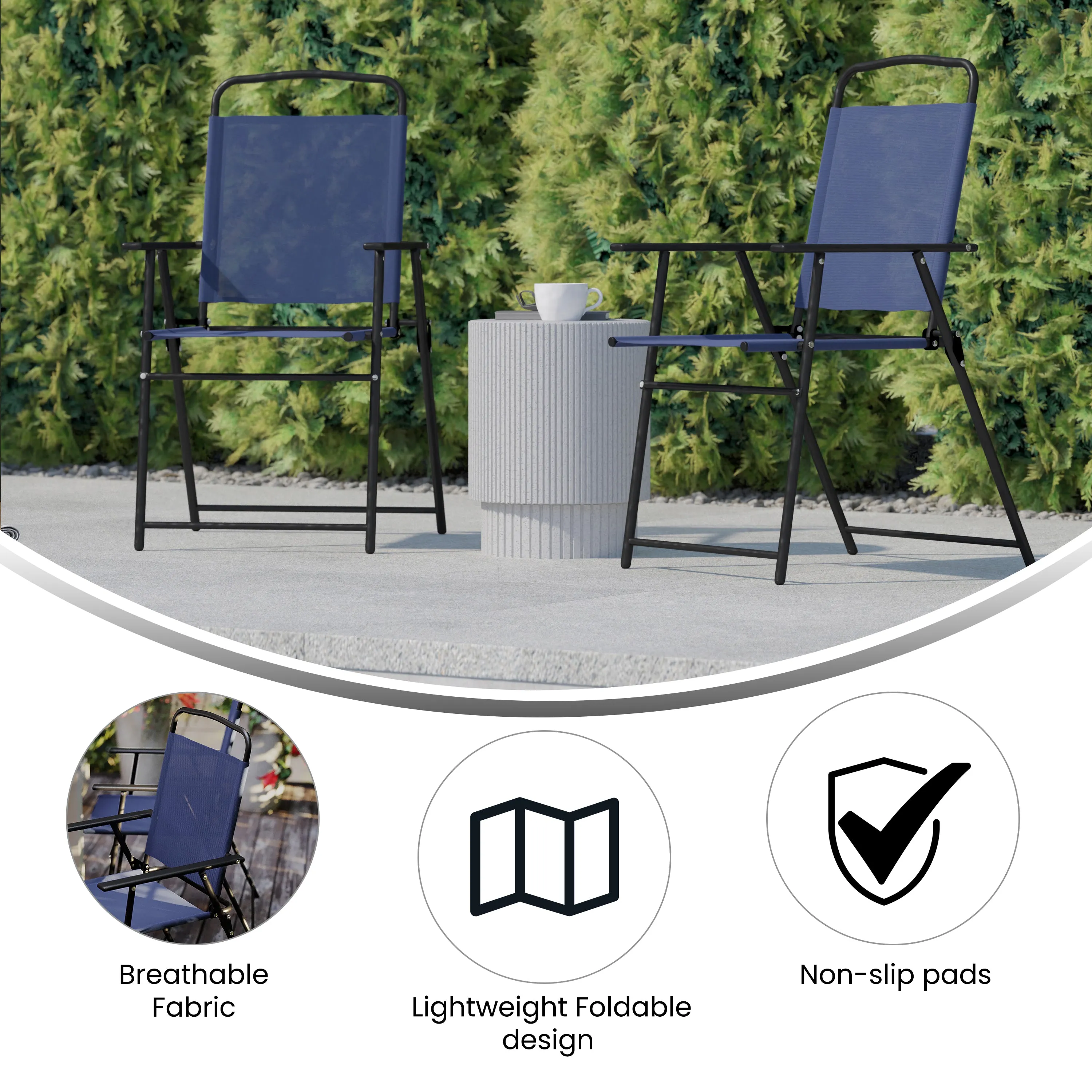 Set of 2 Mystic Folding Patio Sling Chairs, Outdoor Textilene Lawn Chairs with Armrests in Navy