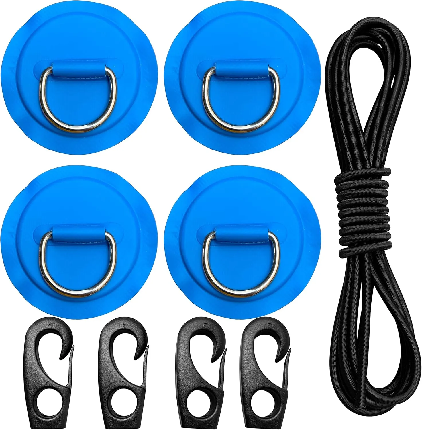 Stainless Steel D Ring Patch Kit with 12 FT Elastic Bungee Shock Cord for Inflatable Boat Kayak Dinghy SUP, D-Ring PVC Patch Stand-Up Paddleboard Pad Accessories, NO Glue Included
