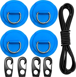 Stainless Steel D Ring Patch Kit with 12 FT Elastic Bungee Shock Cord for Inflatable Boat Kayak Dinghy SUP, D-Ring PVC Patch Stand-Up Paddleboard Pad Accessories, NO Glue Included
