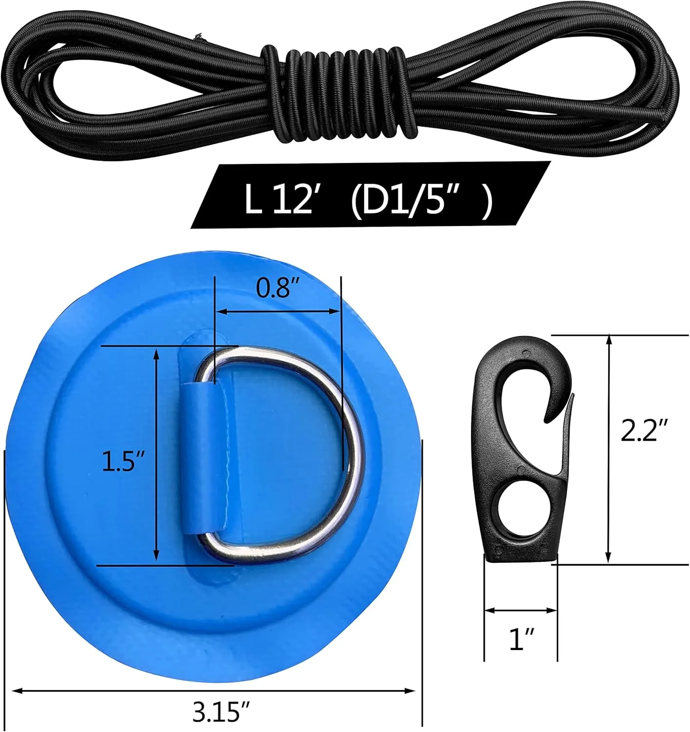Stainless Steel D Ring Patch Kit with 12 FT Elastic Bungee Shock Cord for Inflatable Boat Kayak Dinghy SUP, D-Ring PVC Patch Stand-Up Paddleboard Pad Accessories, NO Glue Included