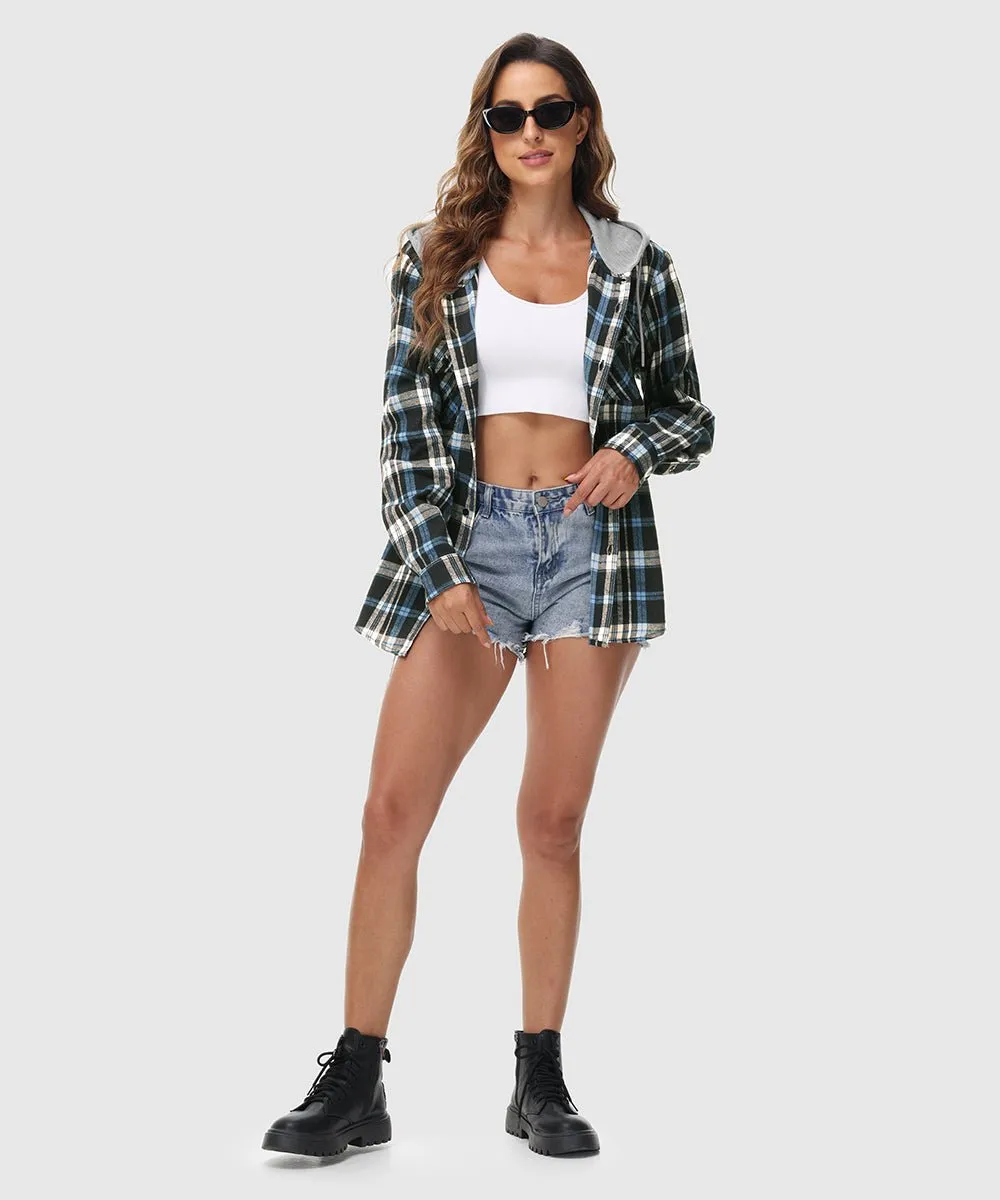 Women's Casual Buffalo Plaid Button Hooded Shirts