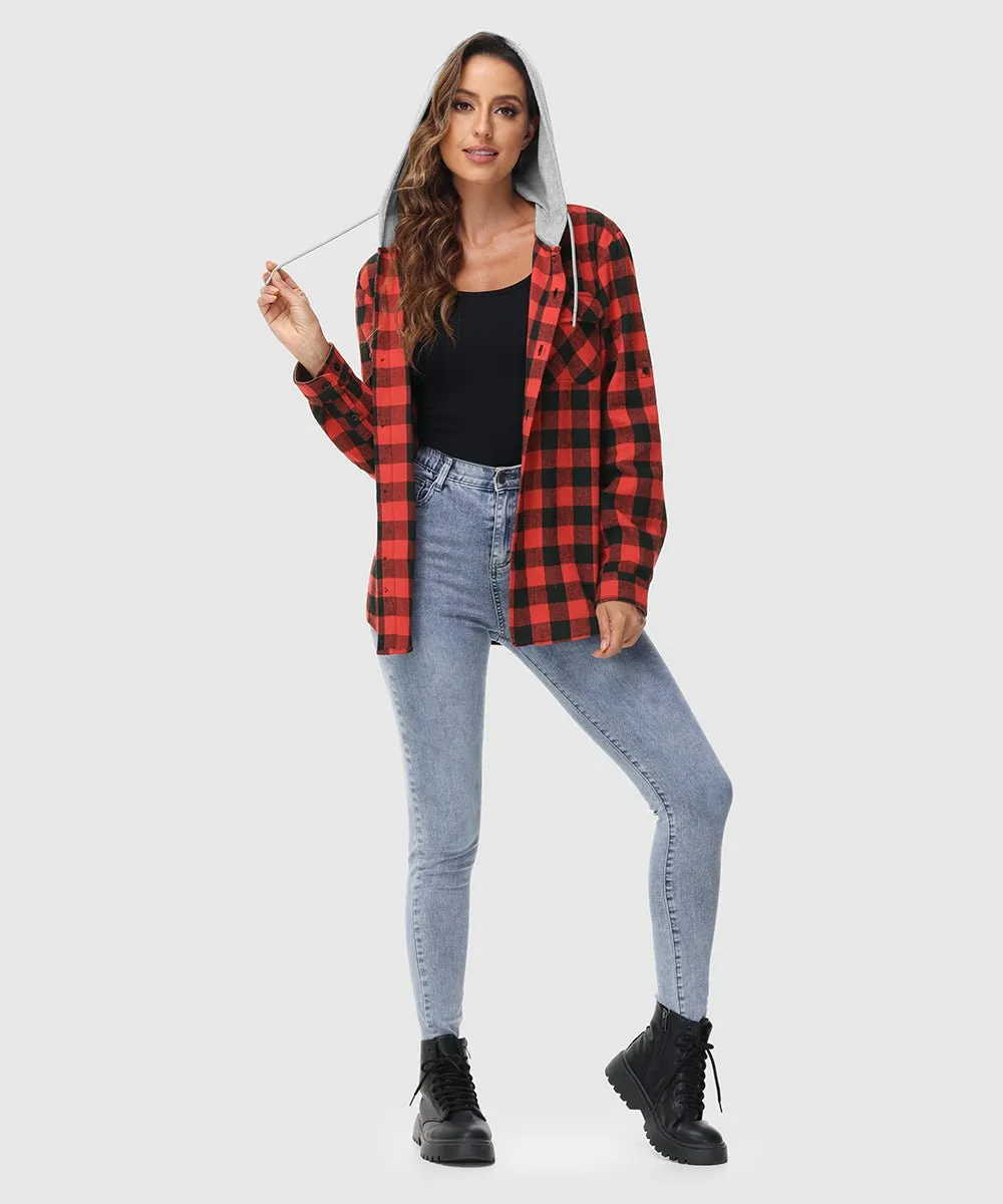 Women's Casual Buffalo Plaid Button Hooded Shirts
