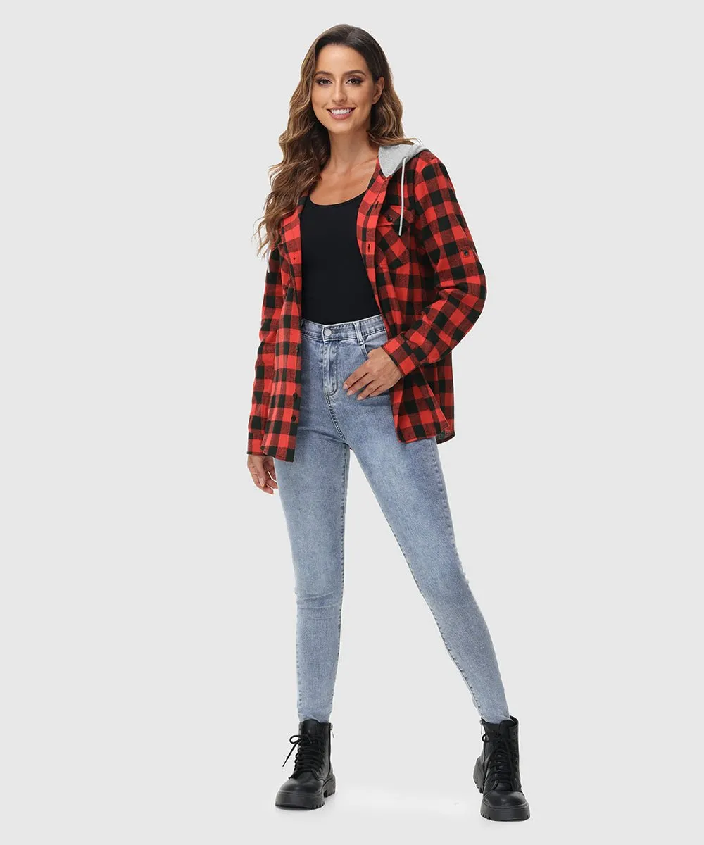 Women's Casual Buffalo Plaid Button Hooded Shirts