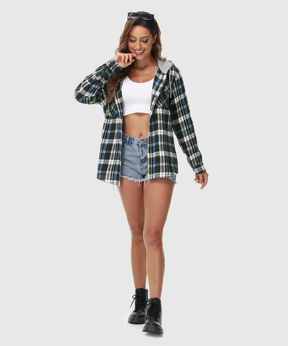 Women's Casual Buffalo Plaid Button Hooded Shirts