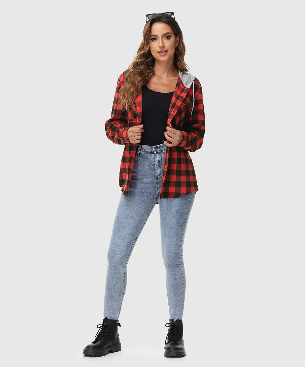 Women's Casual Buffalo Plaid Button Hooded Shirts