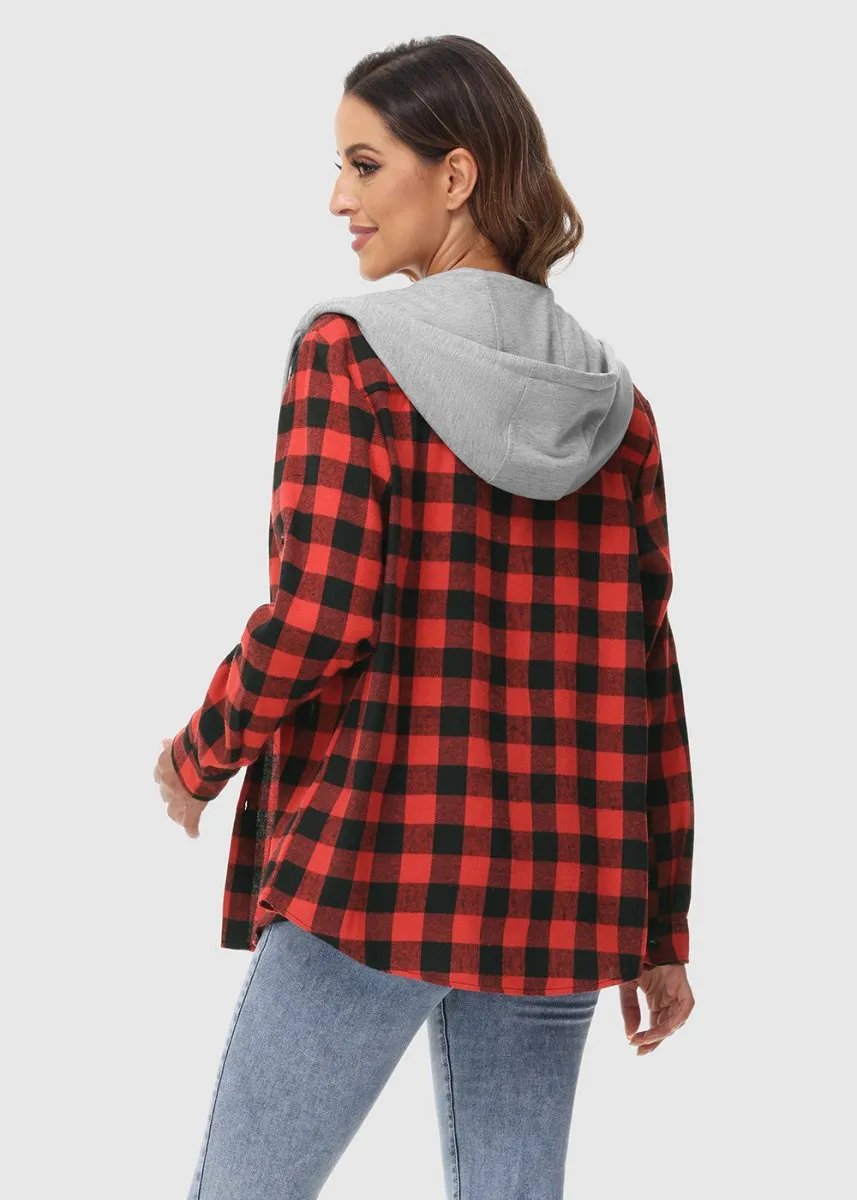 Women's Casual Buffalo Plaid Button Hooded Shirts
