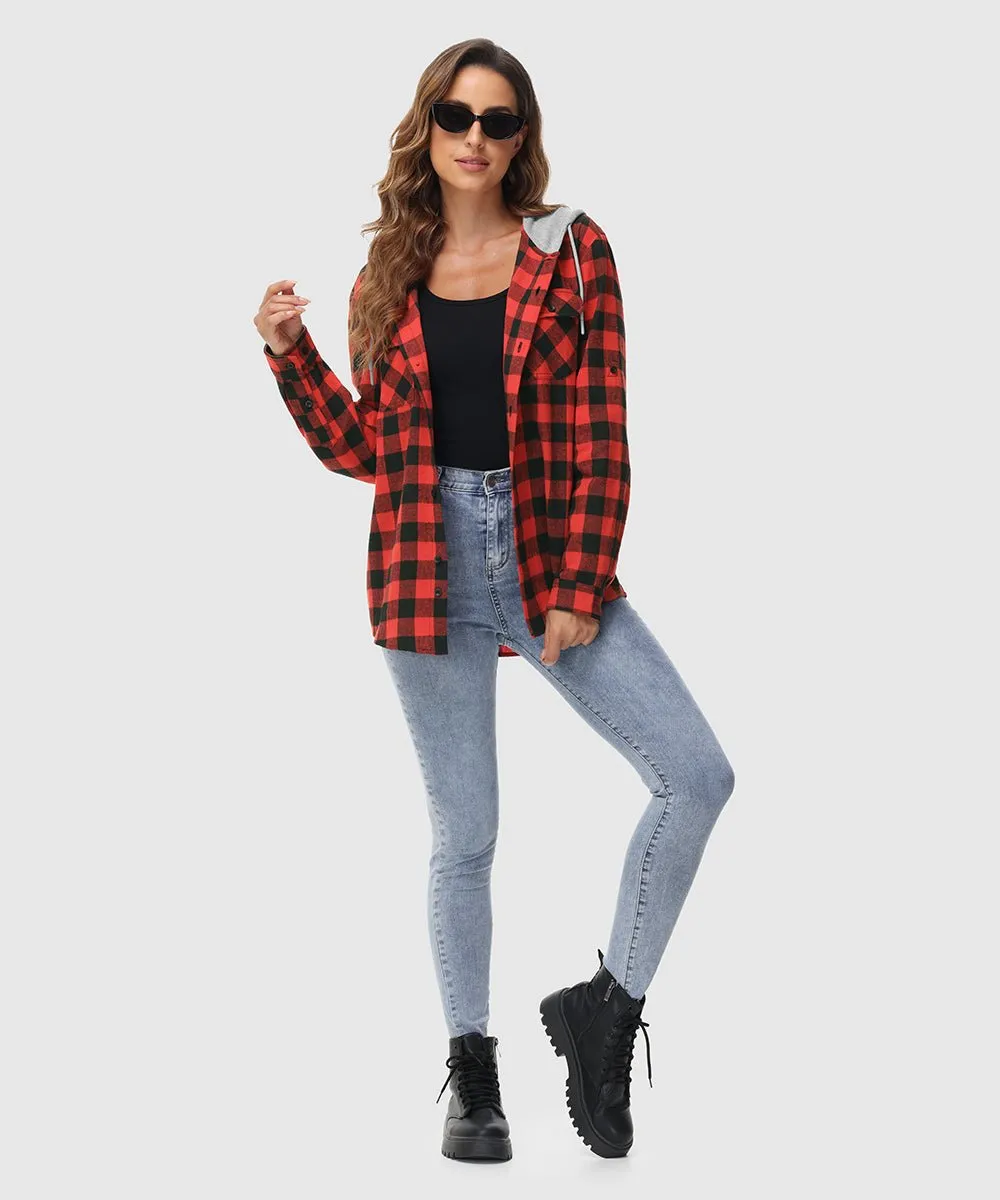 Women's Casual Buffalo Plaid Button Hooded Shirts