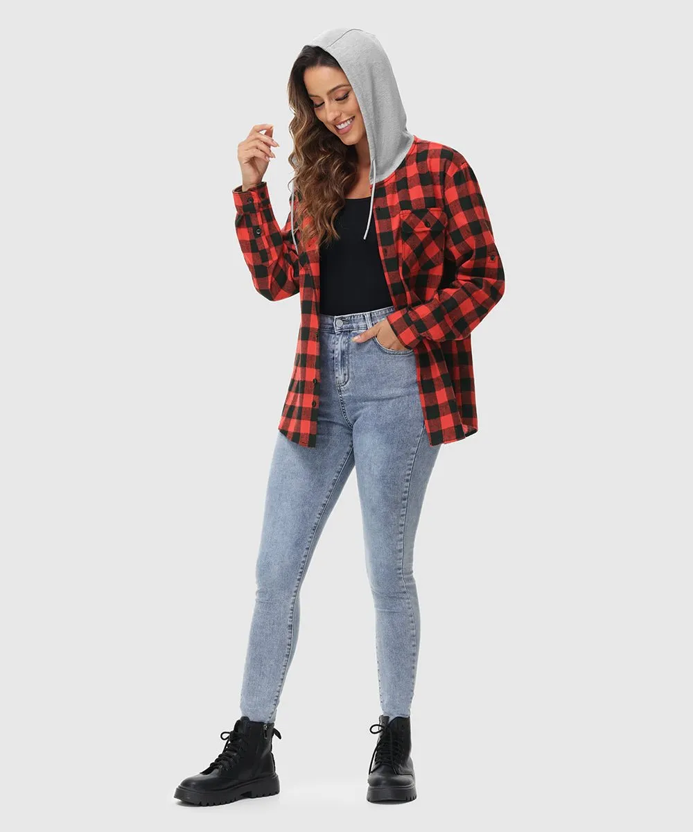 Women's Casual Buffalo Plaid Button Hooded Shirts