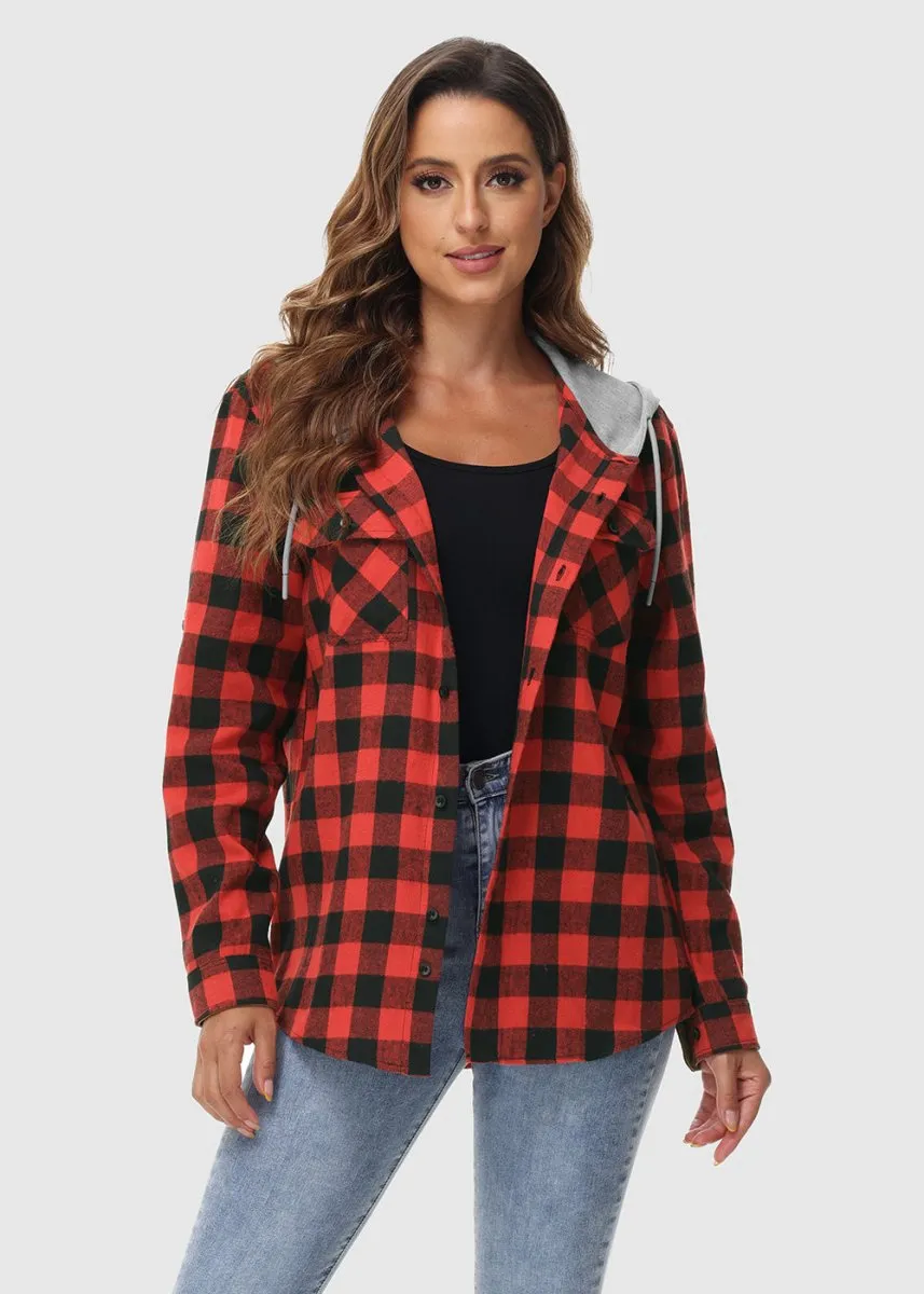 Women's Casual Buffalo Plaid Button Hooded Shirts