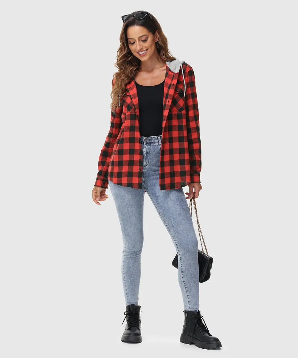 Women's Casual Buffalo Plaid Button Hooded Shirts