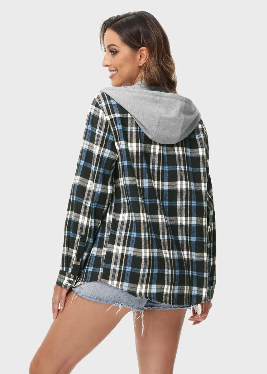 Women's Casual Buffalo Plaid Button Hooded Shirts