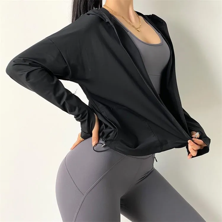 Womens Loose Zipper Hooded Running Jacket