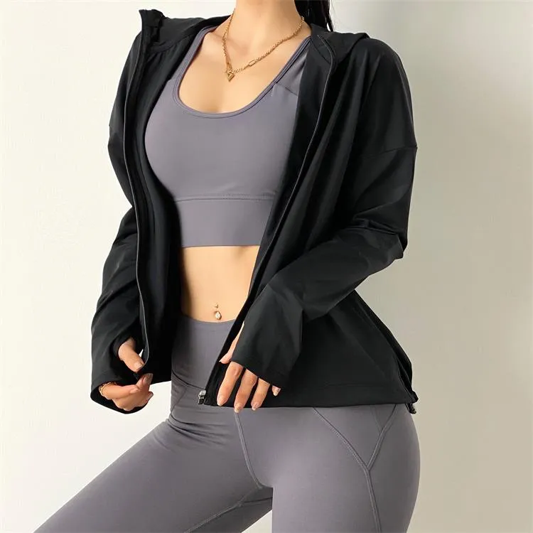 Womens Loose Zipper Hooded Running Jacket