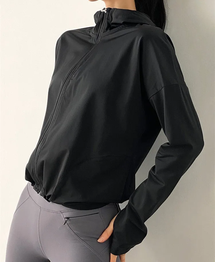 Womens Loose Zipper Hooded Running Jacket