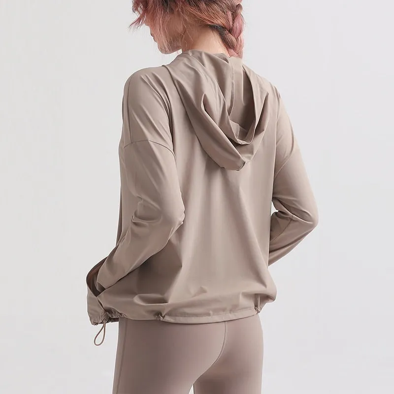 Womens Loose Zipper Hooded Running Jacket